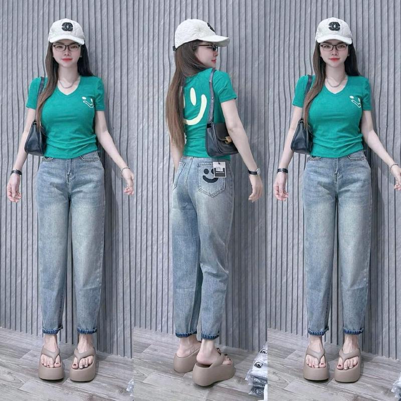 (S-XL) Quần Baggy Jeans Nữ Lưng Cao Thêu Mặt cười, tông màu xanh bạc bụi ánh vàng, quần dài 95cm. Chất jean cotton mềm không giản. 632-Thêu mặt cười. Women