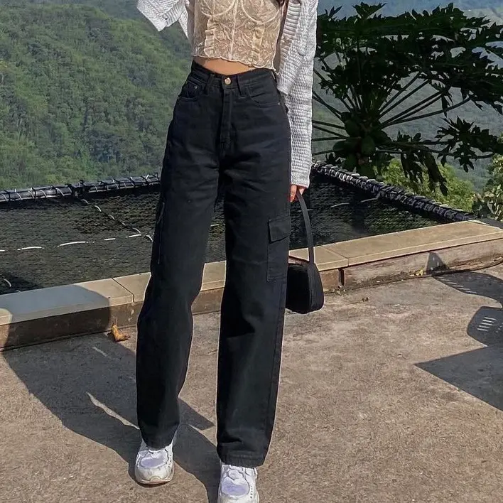HIGHWAIST LOOSE CARGO JEANS HITAM / CELANA JEANS WANITA HITAM Panjang Nyaman