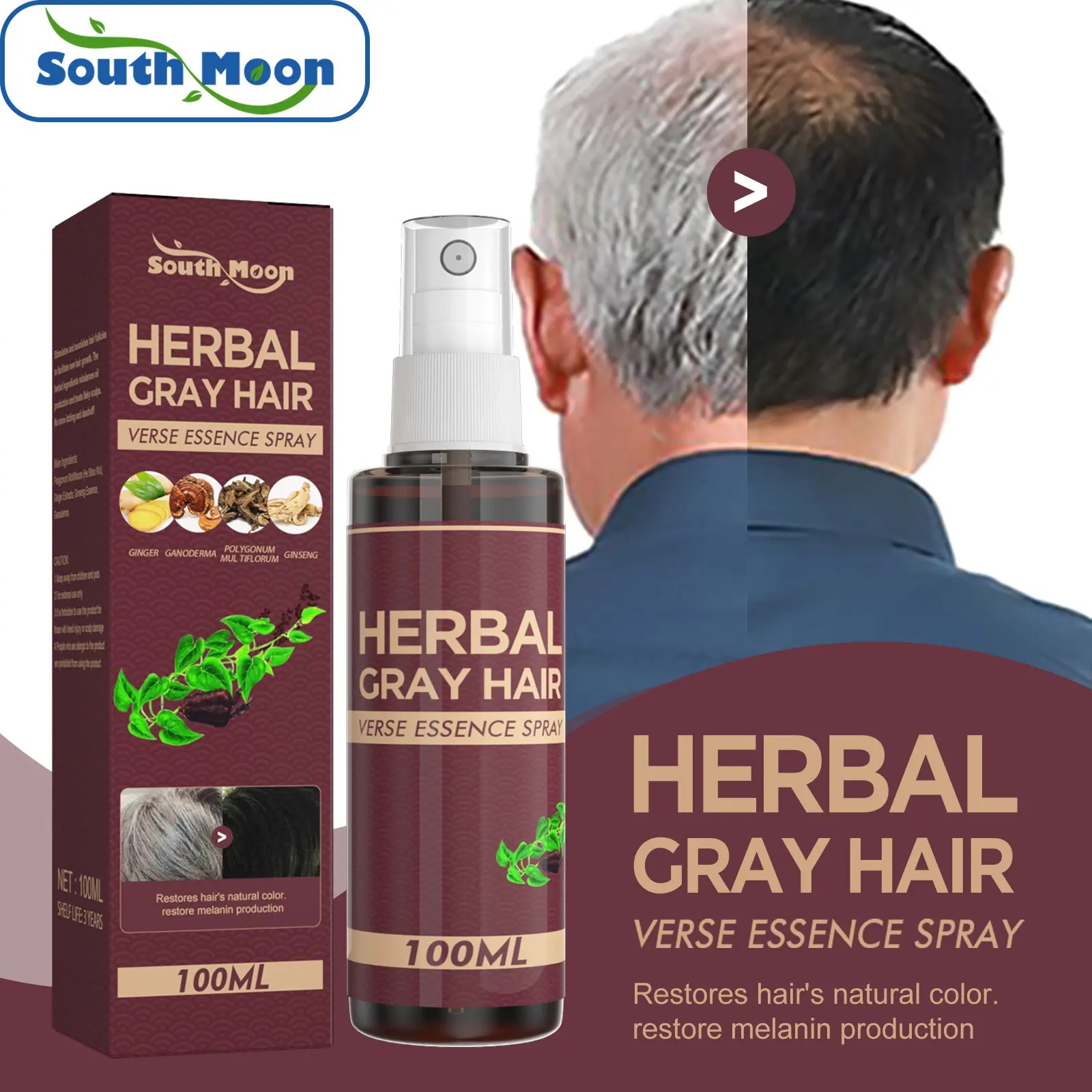 Hair Darkening Spray Anti White Hair Herbal Care Serum Blacken Reduce Gray Hair Scalp Nourish Glitter Spray Treatment