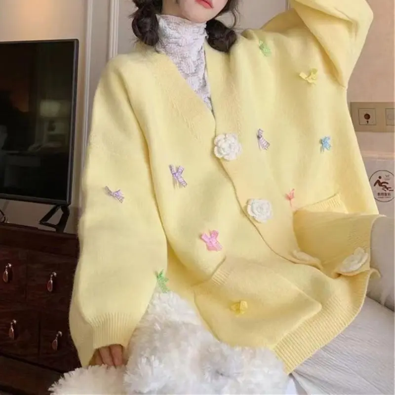Áo Khoác, Màu Pastel, Cổ Chữ V Có Nơ, Áo Cardigan Dệt Kim 3D, Hàng Mới Về, Dáng Rộng Vừa Vặn, Phong Cách Ngọt Ngào Áo Len Cho Nữ, Thích Hợp Cho Mùa Thu Và Mùa Đông 6