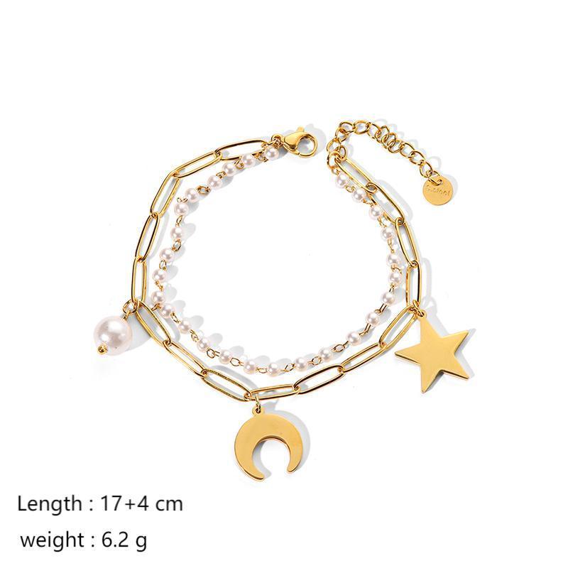 Unique Fashion Simple Bracelet Lightning Pearl Moon Cross Chain 18K Gold Stainless Steel Bracelet High-end Jewelry Really Good 8