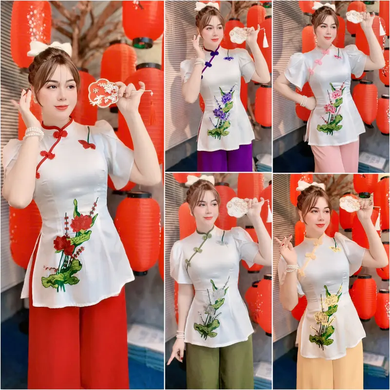 Bộ Bà Ba Đi Lễ Chùa (SD239) Bộ Đồ Lam Đi Chùa Hoa Sen Thêu Tay Phối Tréo Dễ Thương 0
