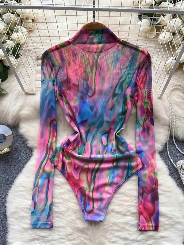 Women's Tie Dye Print Long Sleeve Bodysuit, Casual High Neck Bodysuit, Ladies Clothes for Spring & Fall 1