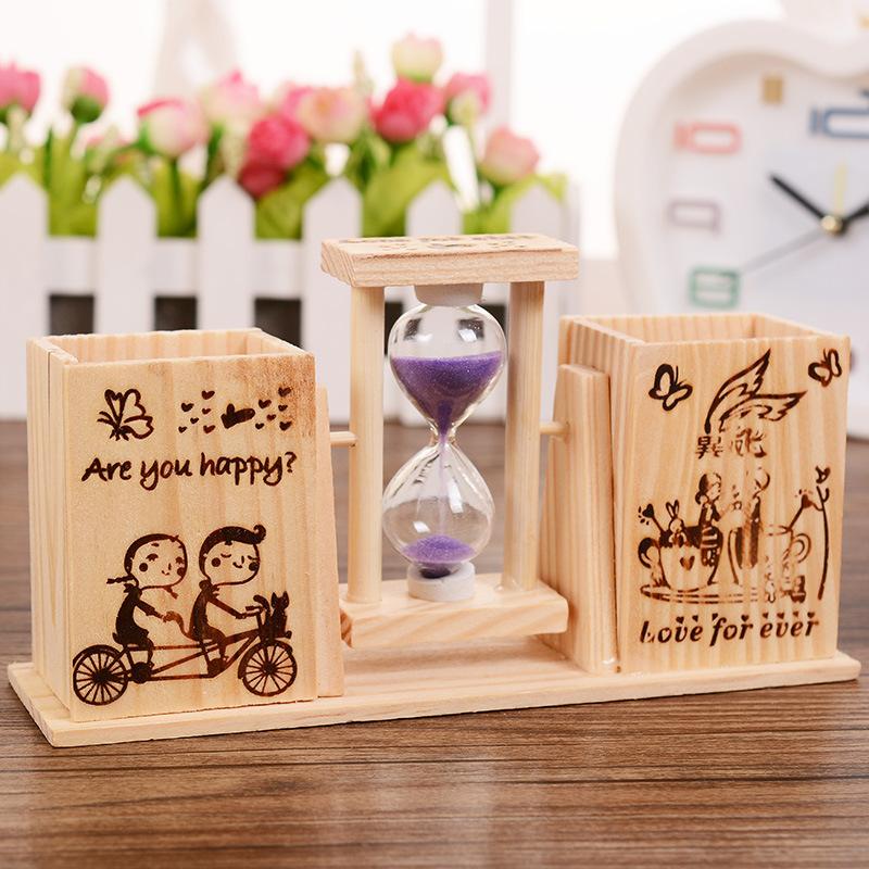 Ống đựng bút gỗ đôi kèm đồng hồ cát, ống cắm bút để bàn trang trí bàn học, decor phòng làm việc, quà tặng, quà lưu niệm