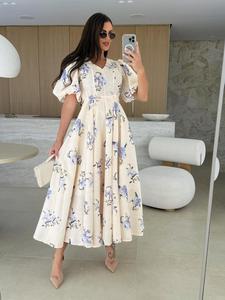 Women's Floral Print Bubble Sleeve Dress, Casual Bohemian Elegant V Neck Short Sleeve Dress for Summer, Ladies Clothes for Beach Holiday Vacation, Womenswear, V Neck Dress Bell Sleeves