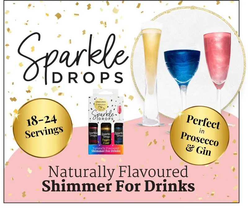Sparkle Drops Unicorn Collection (Blue Raspberry, Passion Fruit & Cherry) Shimmer Syrup for Drinks-Prosecco, Gin, Vodka, Cocktails & Mocktails - 18-24 Servings. (Dairy Free, Fruity, Low Fat, Natural Flavours) Beverage Sweet edible glitter Set 3
