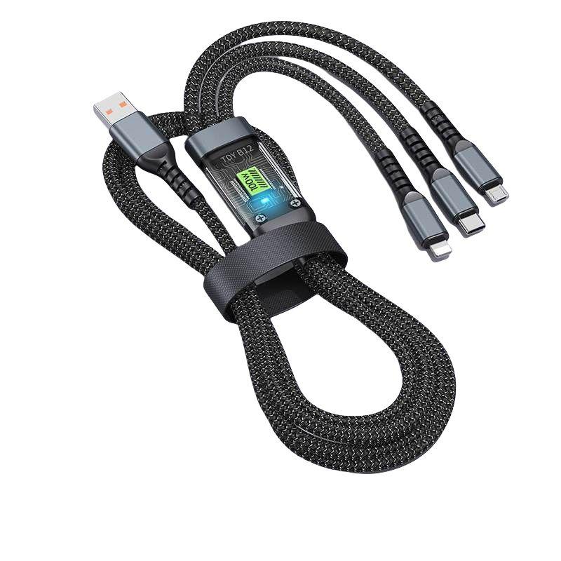 Product Introduction of GUTAI100W Super Fast Charging สายเคเบิลข้อมูลจอแสดงผลดิจิตอลส่องสว่างโปร่งใส 3-in-1 สายชาร์จโทรศัพท์มือถือ Multi 1