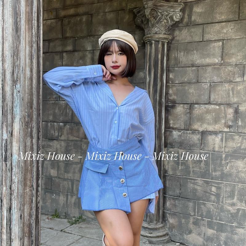 Set áo sơ mi dáng dài kẻ sọc kèm chân váy cách điệu phối cúc lệch tà Mixiz House Top Nữ Women  - S03 Kem