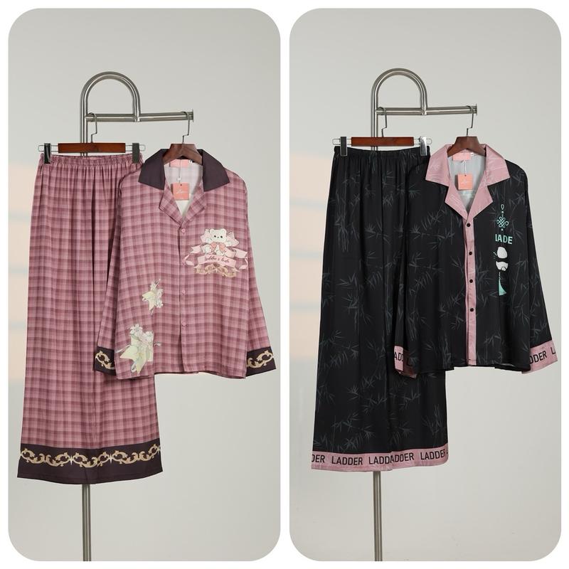 Bộ ngủ Pijjama  (không túi ) quần dài tay dài ladder hoạ tiết gấu ( đen và caro hồng)