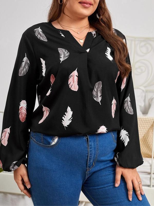 【Plus Size】Feather Print Notched Neck Blouse, Casual Long Sleeve Top for Spring & Fall, Women's Clothes for Daily Wear 4
