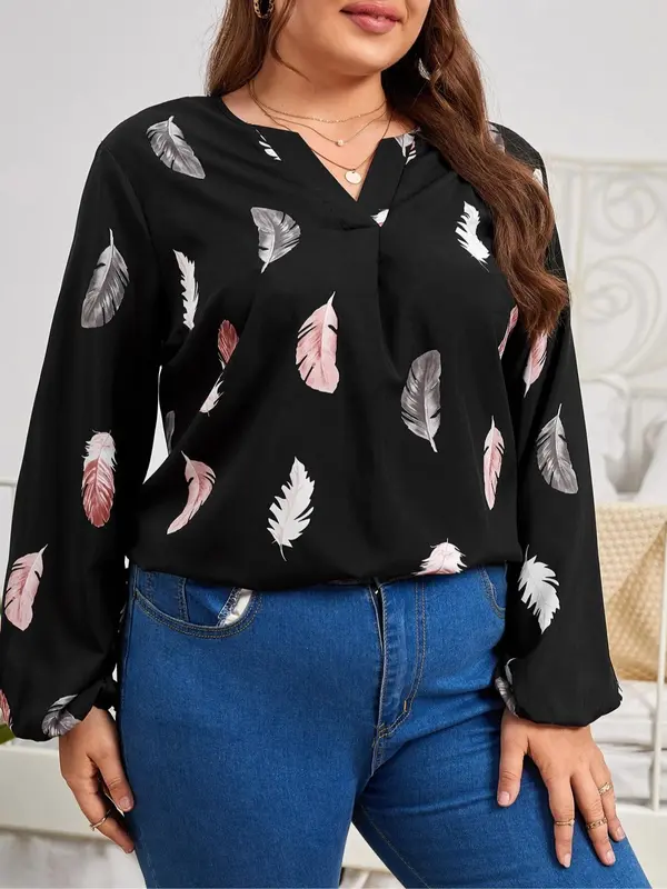 【Plus Size】Feather Print Notched Neck Blouse, Casual Long Sleeve Top for Spring & Fall, Women's Clothes for Daily Wear 4