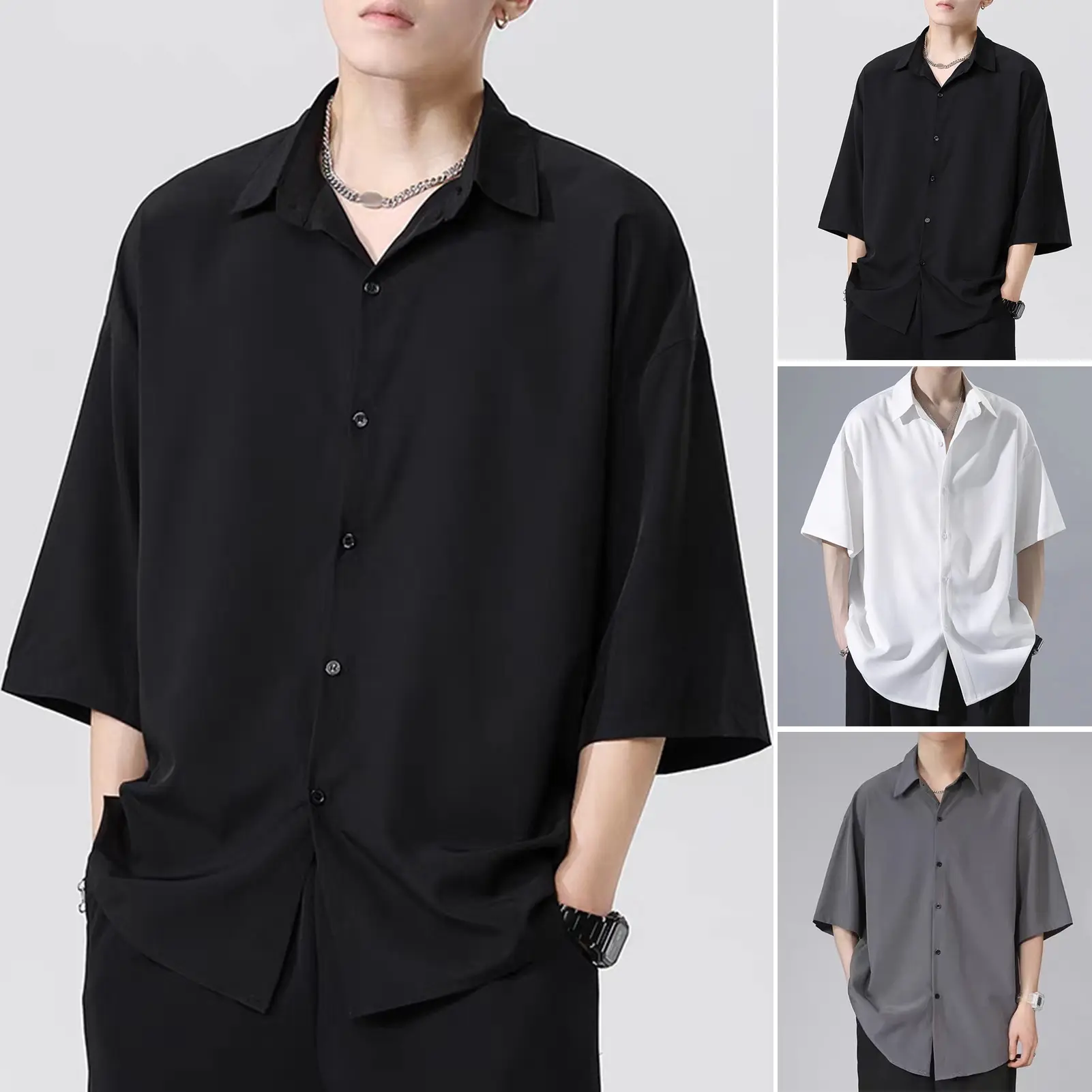 [Diannao]Spring Summer Men Shirt Turn-down Collar Single-breasted Half Sleeves Ice Silk Buttons Loose Casual Wear School Dating Mid Length Top