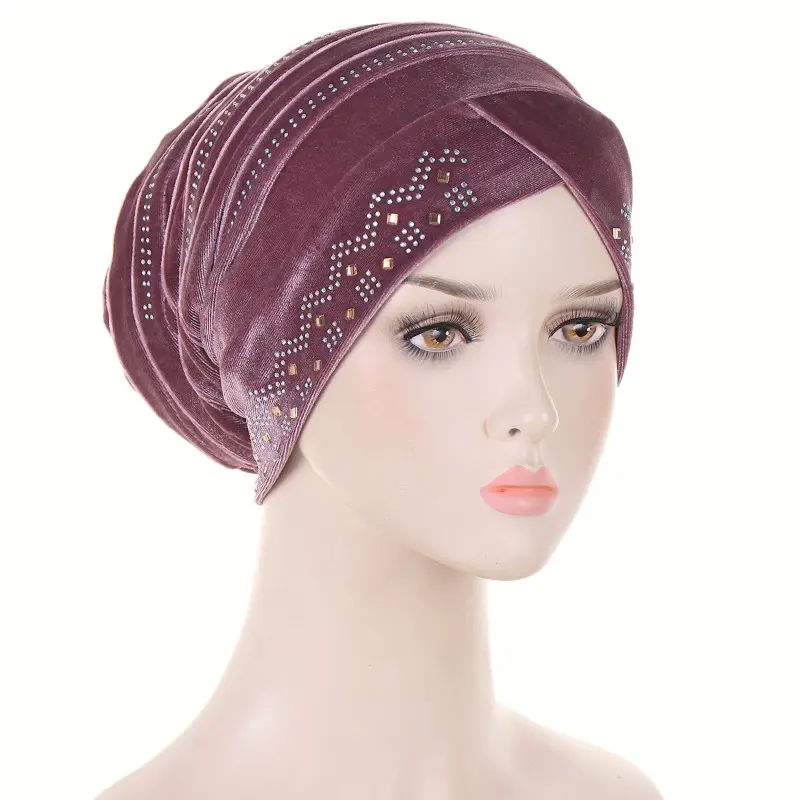 New Women's Velvet Hot Diamond Pullover Muslim Headband Hat