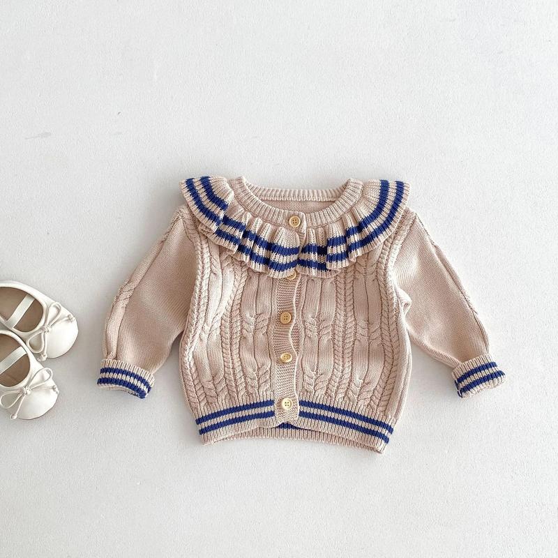 Product Introduction of Ins 2024 Autumn Baby Girls Knit Cardigan Sweater Lotus Collar Ruffle Line Collar Children Winter Solid Thicken Warm Knitwear Top 18