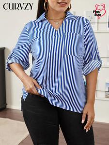 CURVZY Plus Size Autumn Aesthetic Striped Print Roll Up Sleeve Blouse, Casual Long Sleeve Pocket Collared Top for Fall, Women's Clothes for Daily Wear