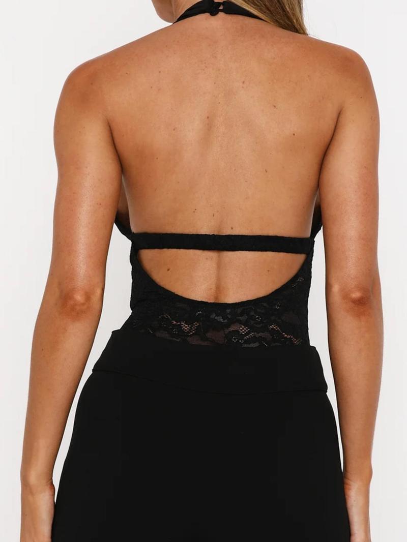 Product Introduction of Women's Solid Color Lace Up Deep V Neck Bodysuit, Casual Fashion Sleeveless Bodysuit for Daily Wear, Ladies Clothes for All Seasons 4