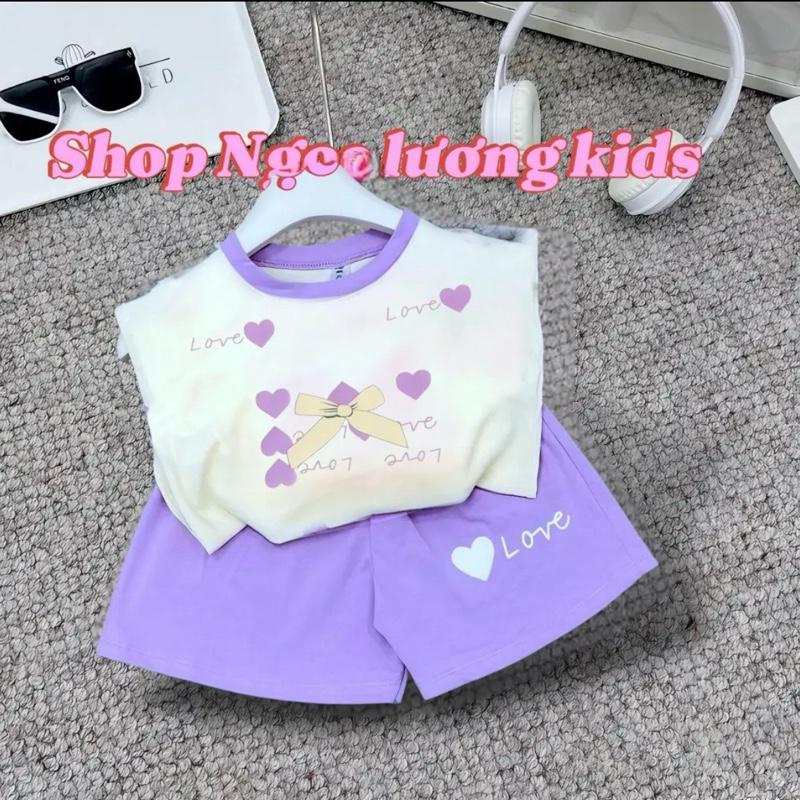 [6_18kg] Bộ tay hến hình Trái Tim cho bé gái vải cotton Quần giả váy set begai quanao treem Tee Baby Tee set đồ Top Áo Cổ Tròn Women Heart đồ  đi rot  kid trẻ em quần áo