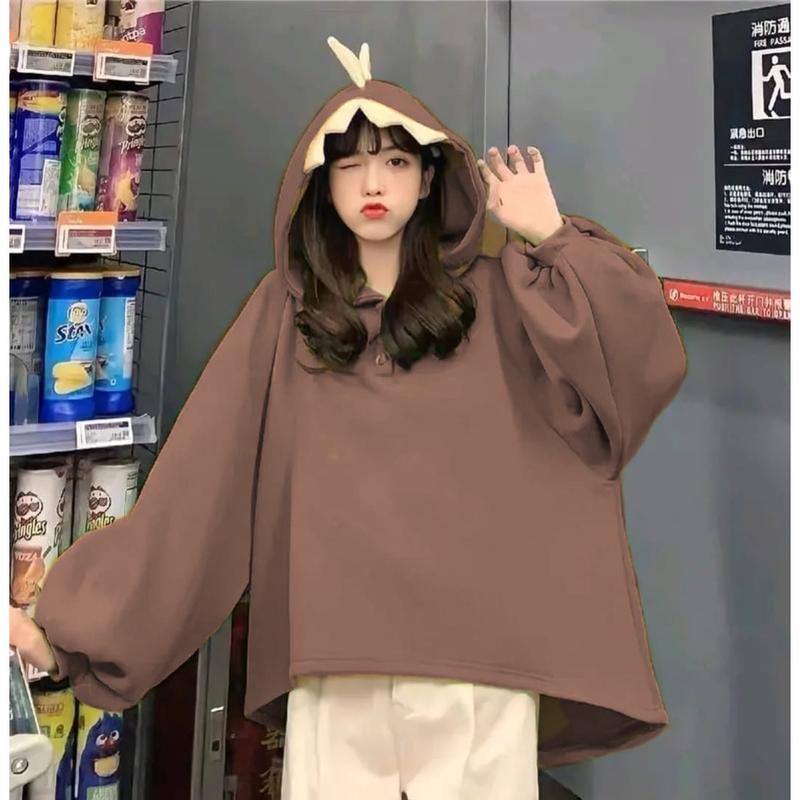DINO SWEATER OVERSIZE WANITA - SWEATER KOREAN STYLE BAHAN PLECEE Basic Fleece Cewek Hoodie Atasan 2