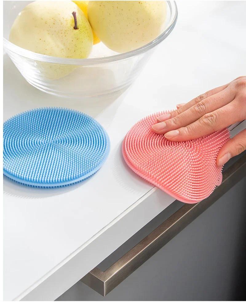 Product Introduction of 3Pcs Kitchen Cleaning Brush Silicone Dishwashing Brush Fruit Vegetable Cleaning Brushes Pot Pan Sponge Scouring Pads Table Mat 1