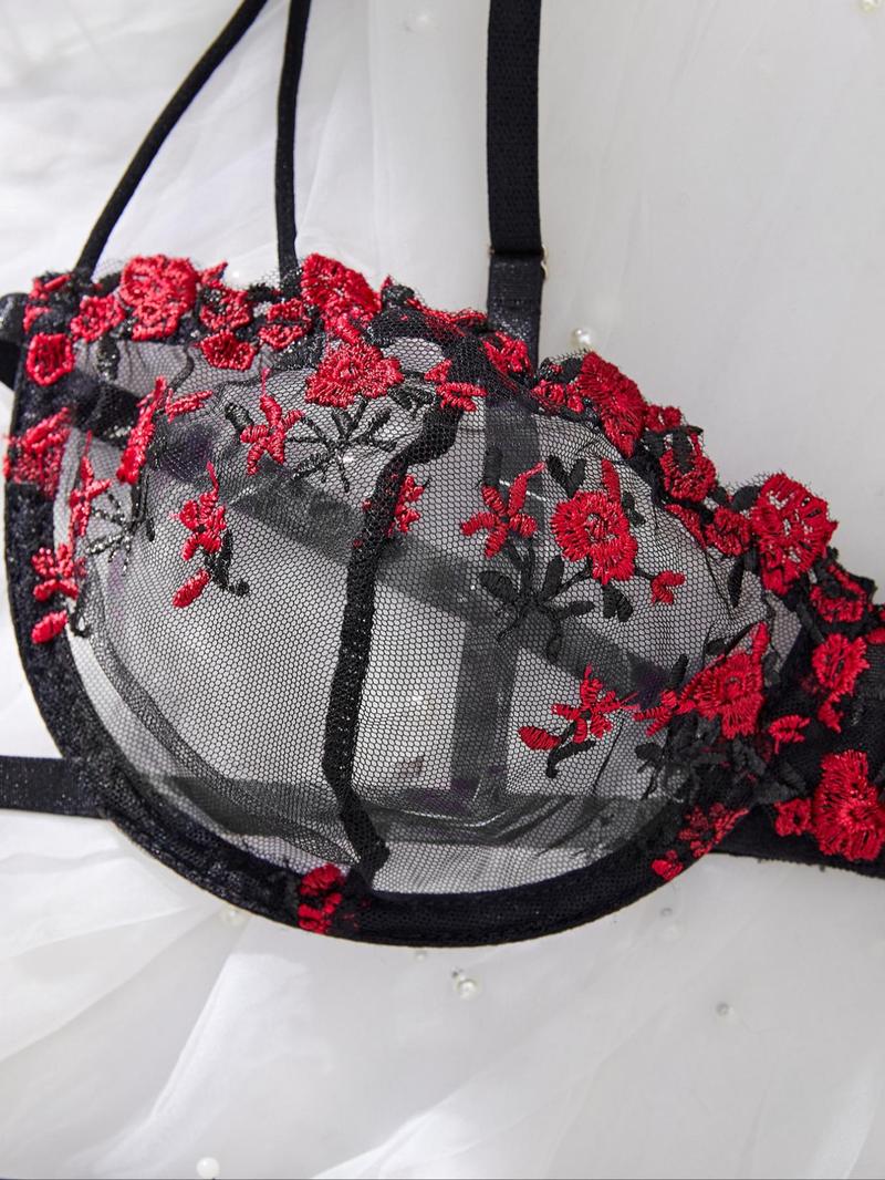 Product Introduction of Women's Ditsy Floral Embroidery Sheer Underwire Bra & Thong Sexy Lingerie Set, Adjustable Strap  Bra & Panty, Lingerie Set for Women 4