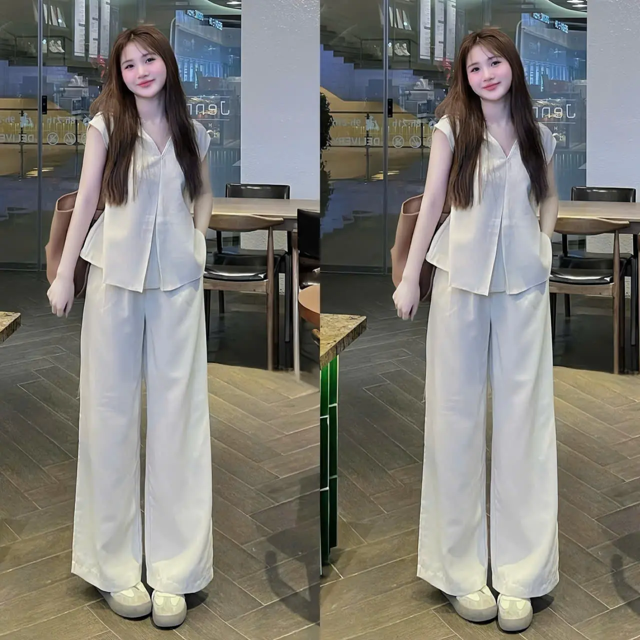 Set đồ nữ áo tay ngắn cổ v xẻ giữa mix quần ống rộng dáng dài điệu đà dành cho các nàng diện đi chơi đo tiệc.   Women Top