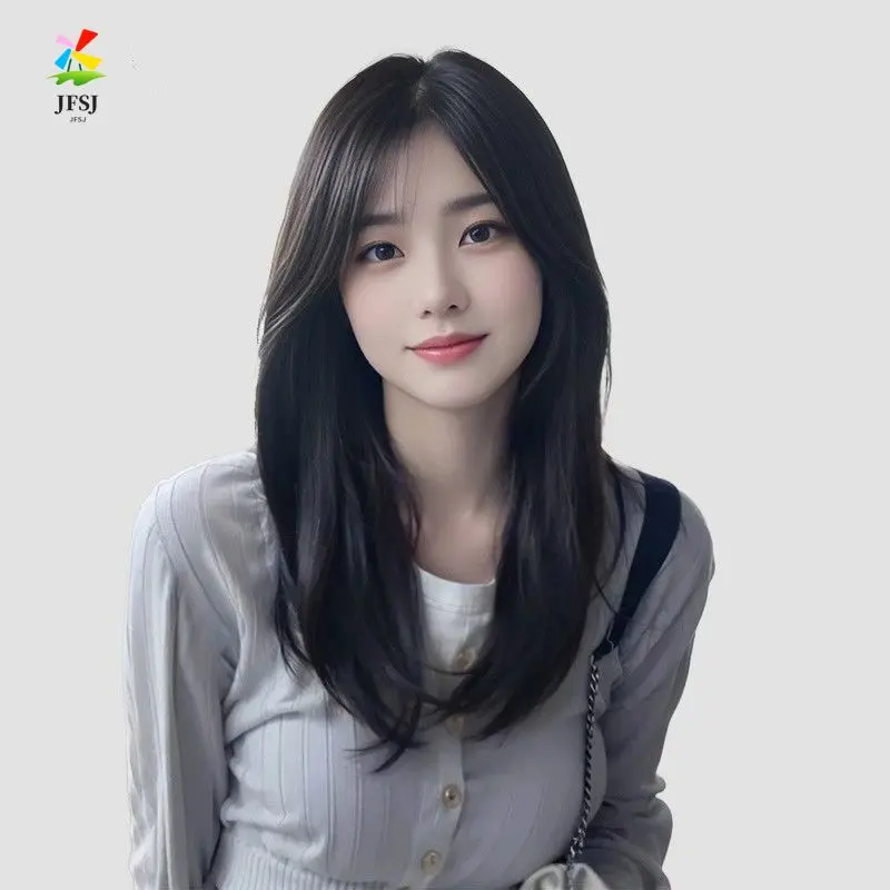 Wig belahan tengah untuk wanita dengan gaya ikat kepala penuh, rambut lurus panjang dengan poni, set wig rambut panjang belahan sedang baru