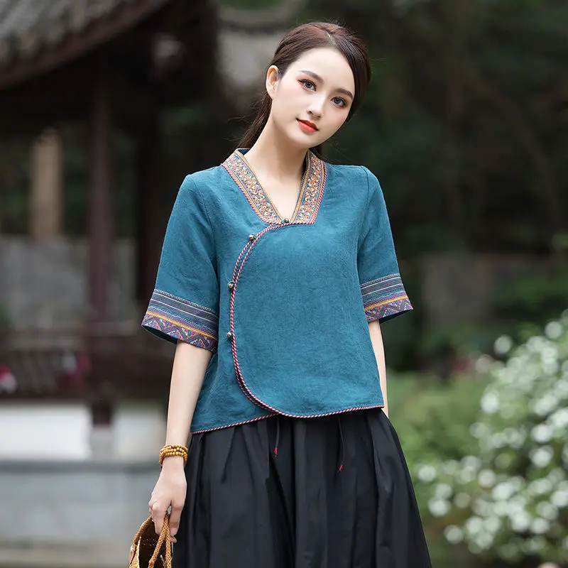 Áo Thêu Retro Văn Học Phong Cách Dân Tộc Cho Nữ, Quần Áo Mùa Hè Retro, Bộ Đồ Tang Phong Cách Trung Quốc, Áo Thun Cotton Và Vải Lanh Ngắn Cổ Chữ V