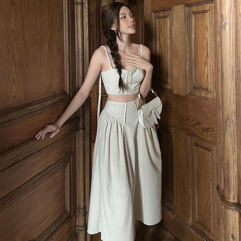 SET CHÂN VÁY XÒE DÀI + ÁO CROPTOP 2 DÂY THẮT CHÉO CHẤT VẢI LINEN KÈM ẢNH THẬT