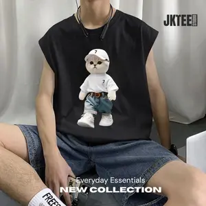 JKTee T-Shirt "Jeans white cat" Oversized Tanpa Lengan | Kaos Knit Katun Warna Putih/Hitam/Cream | Loose Fit O-Neck Tanpa Lengan | Korean Minimalist Casual Top | COD