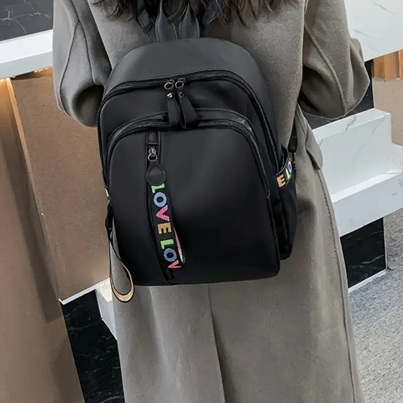 [Stylish Backpack] Stylish Nylon Backpack |     Large Capacity Travel & School Bag with Colorful "LOVE" Ribbon Design, Durable Casual Backpack with Practical Pockets - Travel Bag |     Colorful Accents |     Zipper Closure 4