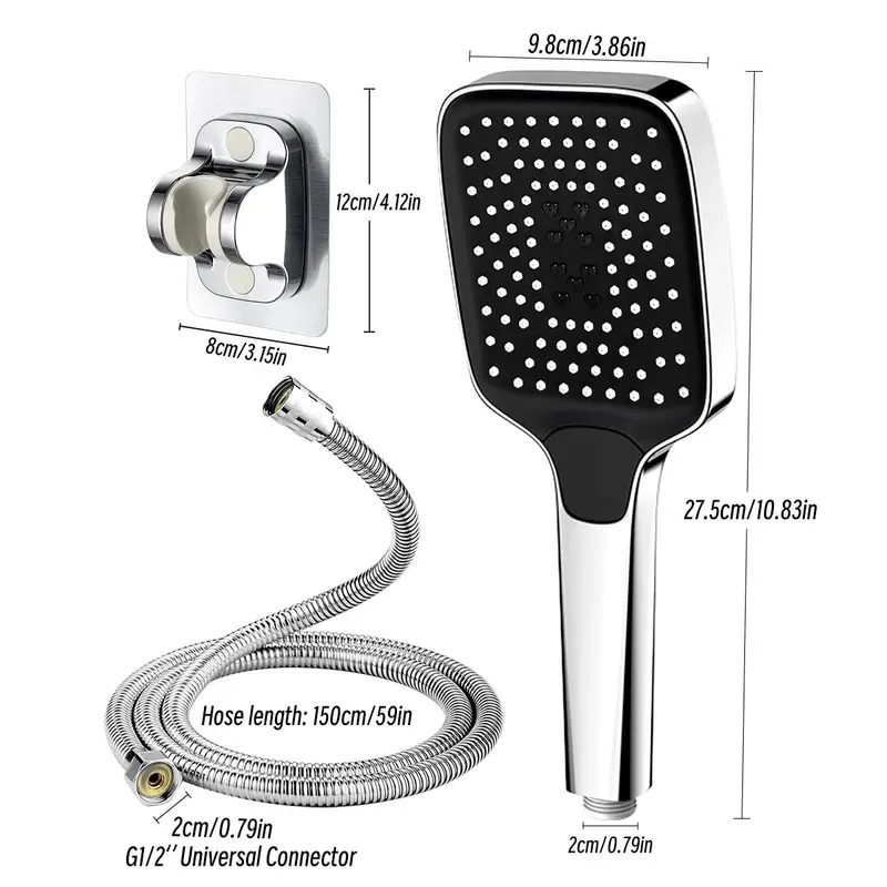 High Pressure Handheld Shower Head, 3pcs/set Including 1.5m Shower Hose & Adhesive Bracket, Large Water Outlet Shower Head with 3 Bathing Modes, Shower Head Set for Bathroom Hotel Salon 1