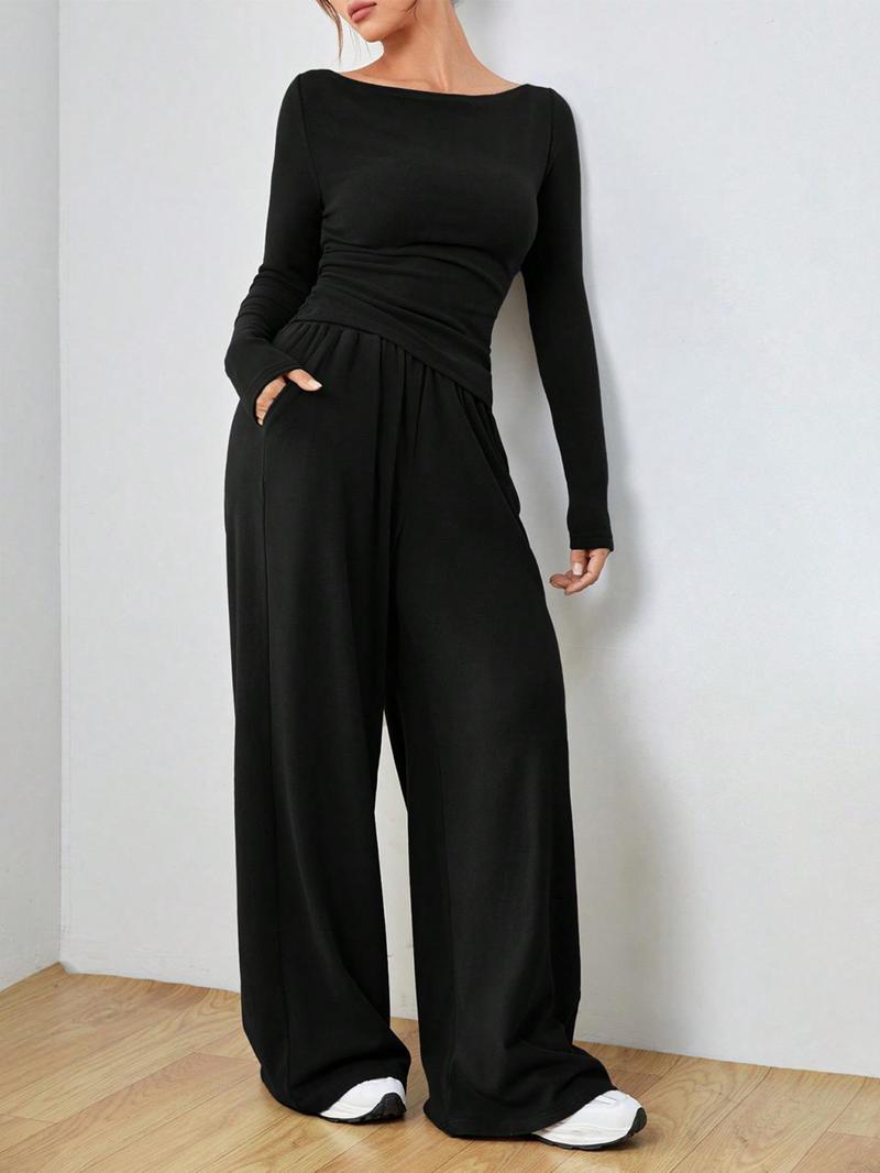 Product Introduction of Women's Solid Ruched Asymmetrical Tee & Elastic Waist Pocket Pants Two-piece Set, Casual Long Sleeve Boat Neck Top & Wide Leg Trousers for Spring & Fall, Tall Clothing Women, Gen Z Corporate Outfit, Winter Outfits, Rave 2 Piece Set,  Curve Fashion 14
