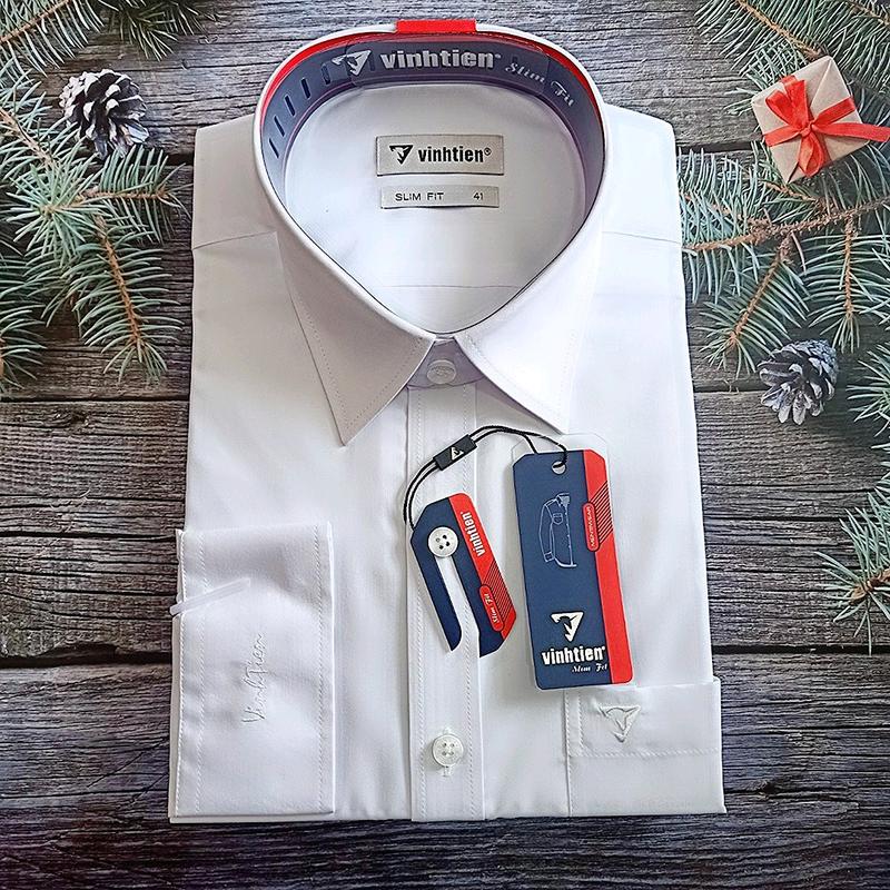 ÁO DÀI TAY VĨNH TIẾN silimfit vải trắng trơn lai bầu sơ mi nam vải cao cấp ít nhăn dễ ủi phom ôm body Menswear