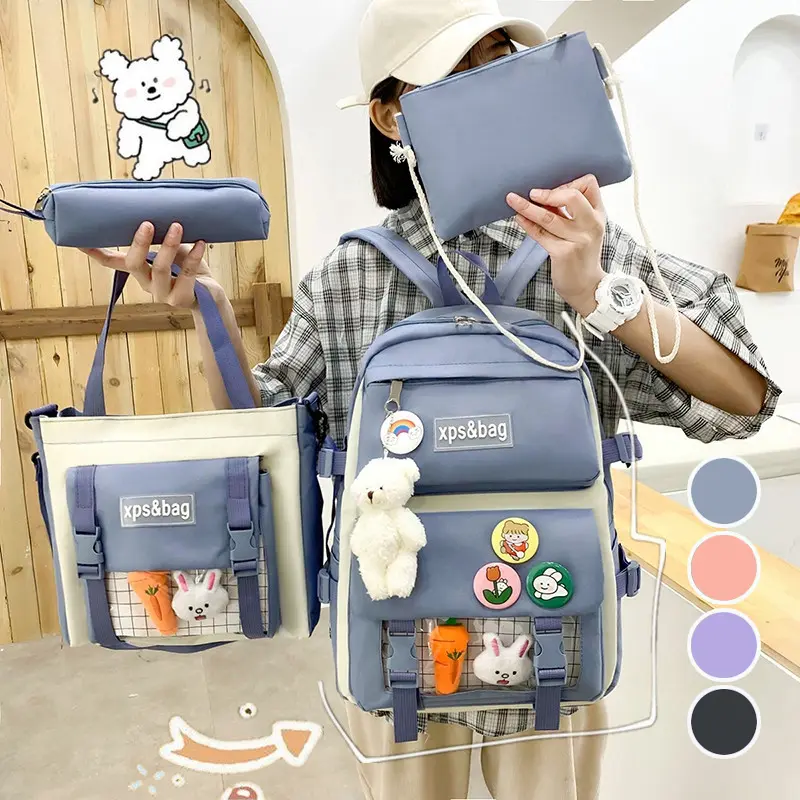 Lavini 4pcs School Fabric Canvas Backpacks Set For Student Teens Girls Cute Aesthetic School Bags