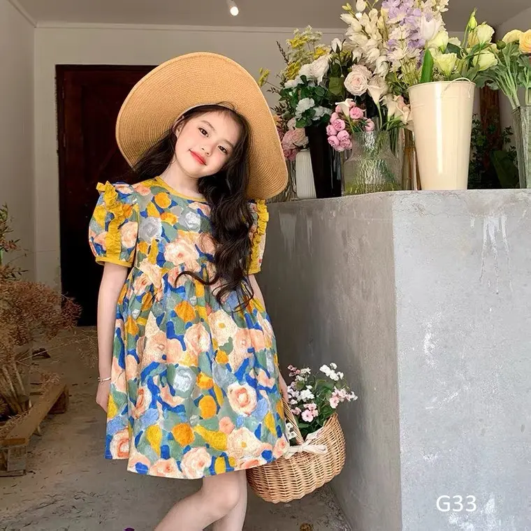 Váy hoa vàng đính bèo tay cực xinh cho bé gái 9-36kg cao cấp Happy Kids G33