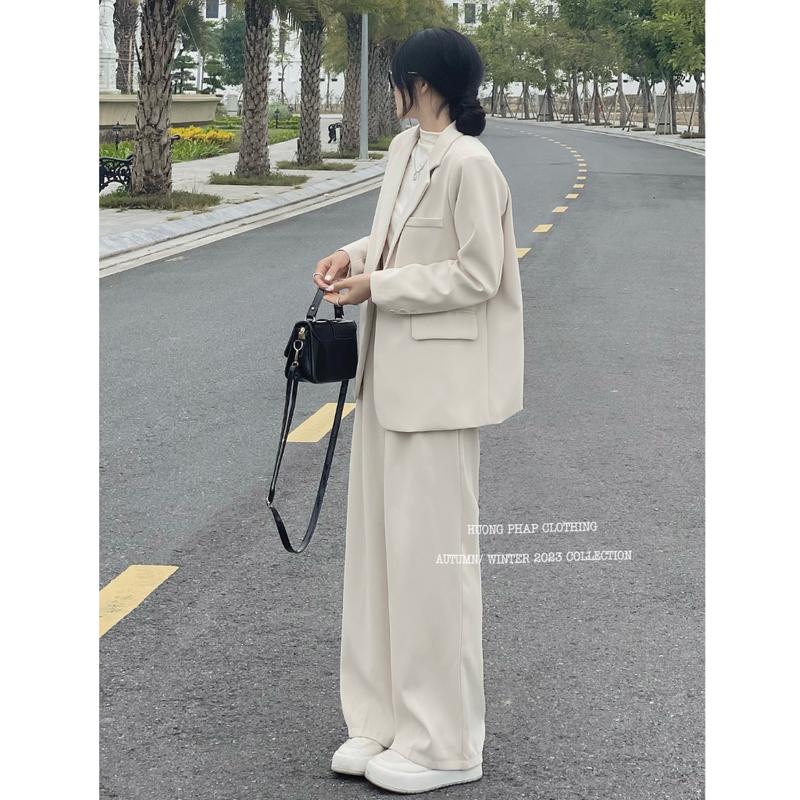 SET VEST DÀI TAY Nữ ÁO BLAZER MÀU TRẮNG KEM CÙNG QUẦN ỐNG XUÔNG ĐỨNG FORM HÀNG QC LOẠI 1 BY HUONGPHAPCLOTHING Nữ Women