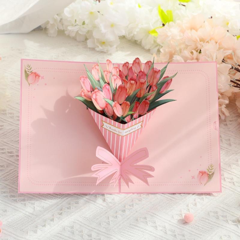 3D Tulip Pop-Up Card, 1 Count Creative Flower Design Greeting Card with Envelope, Birthday Gift for Mom, Mother's Day Gift 2