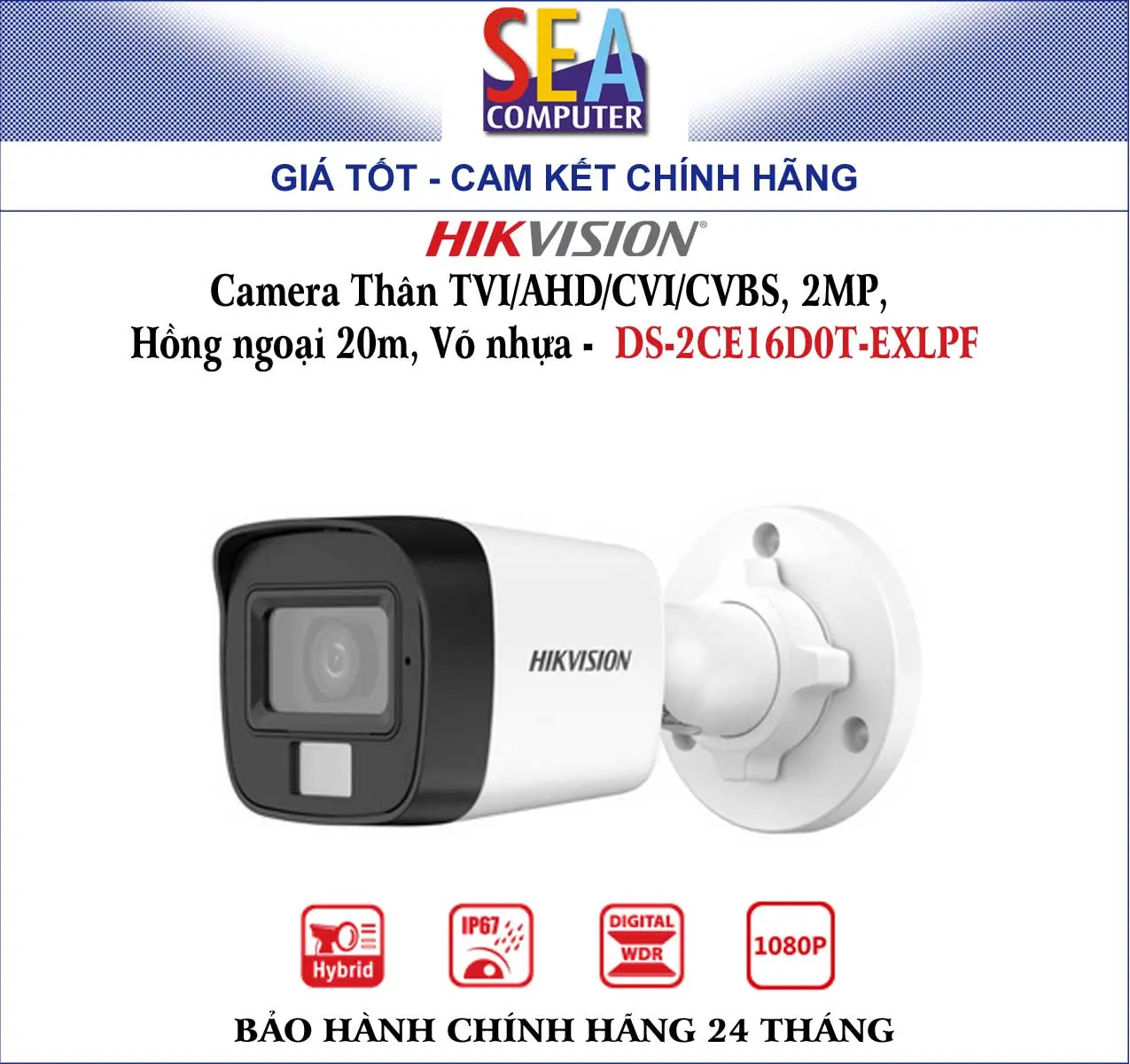HIKVISION Camera Thân TVI/AHD/CVI/CVBS, 2MP,  Hồng ngoại 20m, Võ nhựa -  DS-2CE16D0T-EXLPF