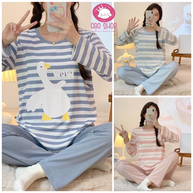 Bộ Bầu Mặc Nhà Cotton Kẻ Đồ Bầu Sau Sinh Mở 2 Bên Cho Con Bú Và Quần Chun Chỉnh Bụng, Bộ Dài Tay Váy Bầu Đầm Bầu