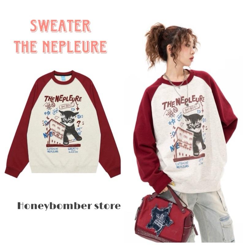 áo Nỉ Sweater Đỏ Đô Phối Be THE NEPLEURE [FREESHIP]Áo Nỉ Nữ Form Rộng Cá Tính Phong cách Ulzzang