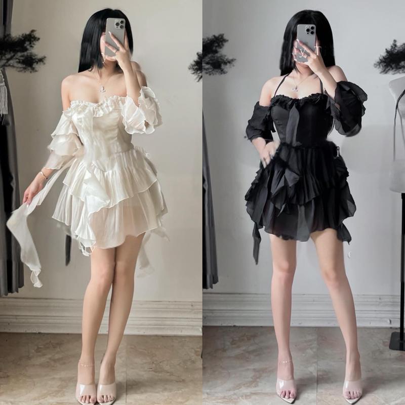 Đầm Thiết kế Dự Tiệc Nữ Trễ Vai Tay Dài Loe Form Corset Váy Voan Tơ Tầng Xòe Bồng Sang Chảnh CATCHYstore
