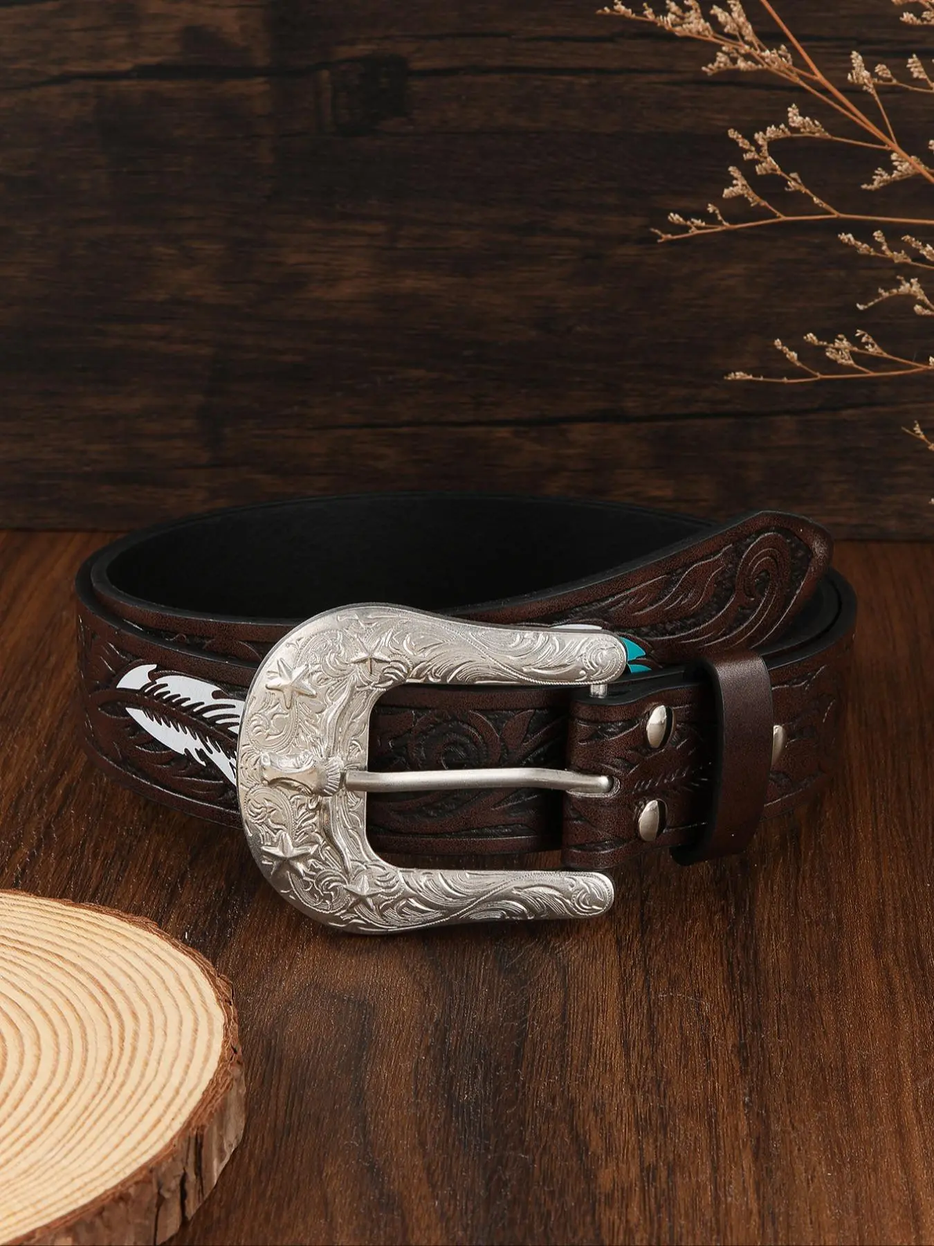 Men's Western Style Feather Embossed Belt, Fashionable Vintage Pu Leather Belt for Daily Clothing Decor, Trendy All-match & Exquisite Belt for Birthday Gift