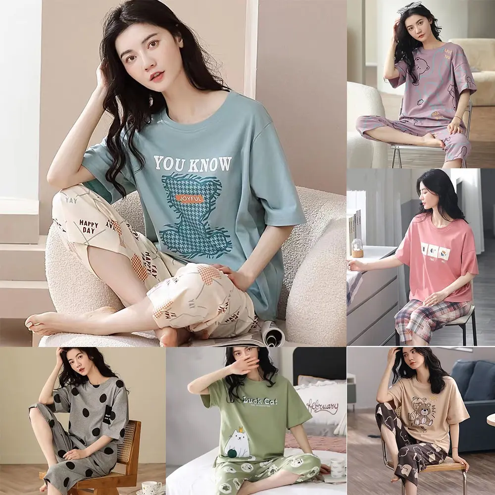 Quần Áo Mặc Nhà In Hình Hoạt Hình, Thời Trang, Quần Cropped Ngắn Tay Ngoại Cỡ M-5XL Cho Nữ, Áo Áo Chui Đầu Cổ Tròn, Quần Cropped Eo Dáng Rộng Đồ Ngủ In Hình 2 Chiếc