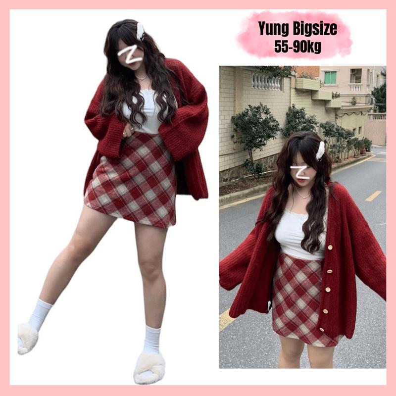 set bigsize áo khoác cadigan len kèm chân váy chữ A kẻ đỏ 55-90kg