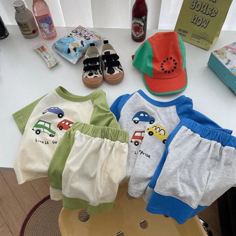 Bộ Đồ Cotton Mùa Hè Cho Trẻ Em, Bộ Sưu Tập Mới 2024, In Hình Hoạt Hình, Ngắn Tay, Cho Bé Trai Và Bé Gái, Quần Đùi Màu Tương Phản, Bộ Hai Mảnh 3