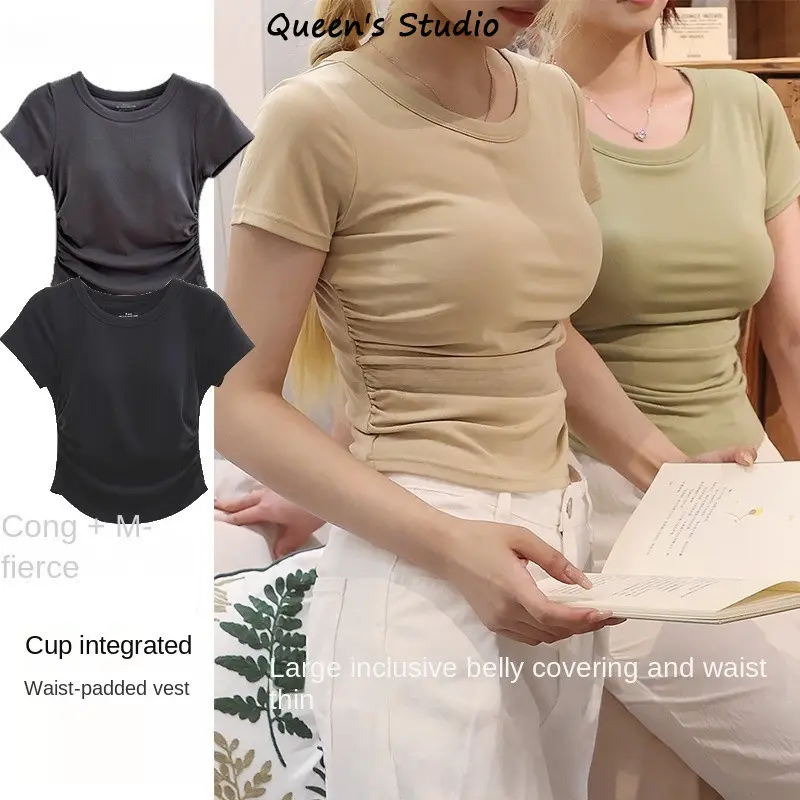 [Queen's Studio]Women  2-in-1 Bra Top One-Piece Round Neck Short-Sleeved Cup Bottoming Shirt with Chest Pads Summer Short Style Wireless Ladies Underwear T-Shirt Womenswear Collar printed  tee turtleneck  tank