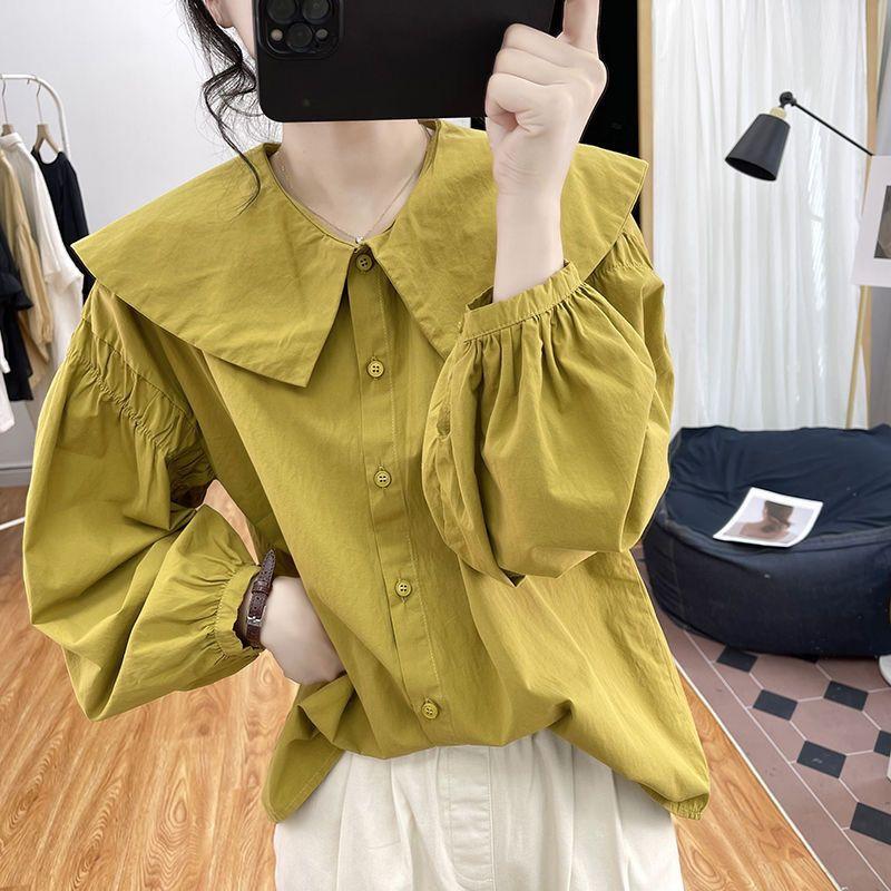 Áo Sơ Mi Dài Tay Trơn Cổ Búp Bê Bất Đối Xứng Dành Cho Nữ, Phong Cách Mùa Xuân Và Mùa Thu, Dáng Rộng Vừa Vặn, Trông Trẻ Trung, Áo Sơ Mi Lớp Cơ Sở, PCs, Phổ Biến 0
