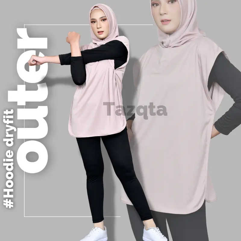 Outer Rompi hijaber Sporty Hoodie 2in1 Panjang Wanita Muslim Sport bisa dicuci dengan mesin salem 0