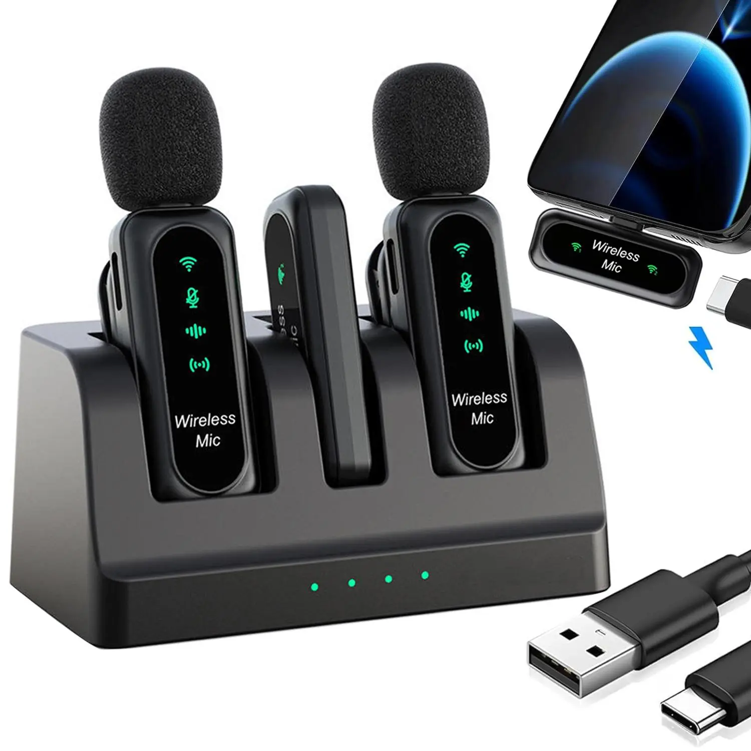 Wireless Lavalier Microphone, Noise Reduction Rechargeable Microphone with Charging Case, Professional Microphone for Recording, YouTube, TikTok, Vlog Live Broadcast, Audio