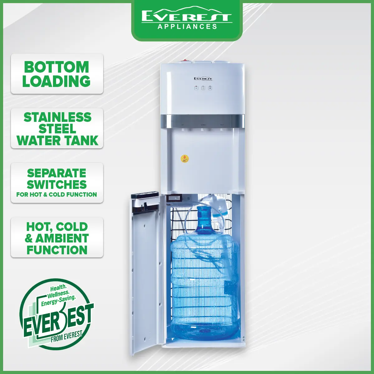 Everest Water Dispenser Bottom Load, Hot, Cold and Ambient, Durable Stainless Steel and Weld, White